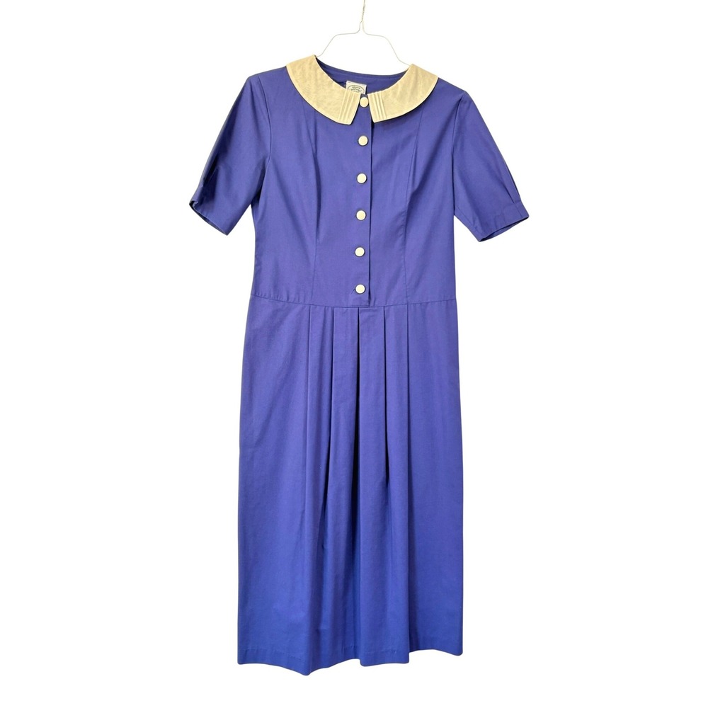 Laura Ashley Vintage Blue Cotton Peter Pan Collar Midi Dress USA 12 UK 14